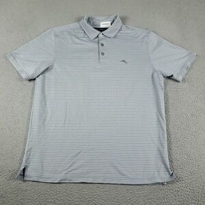 Tommy Bahama Polo Shirt Mens Large Gray Striped Casual Short Sleeve *